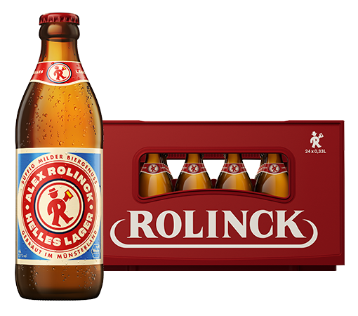 Alex Rolinck Helles Lager in 0,33l Euroflasche vor rotem 24x0,33l Kasten
