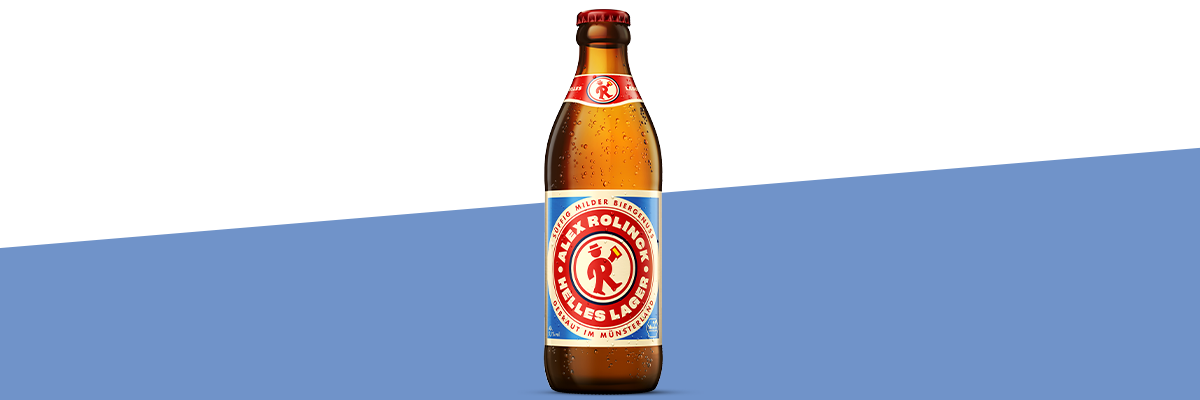 Alex Rolinck Helles Lager in 0,33l Euroflasche vor hell blauem Hintergrund