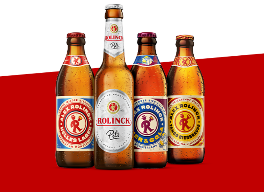 Abbildungen der 4 Rolinck Sorten in 0,33l Flaschen auf rotem Balken.