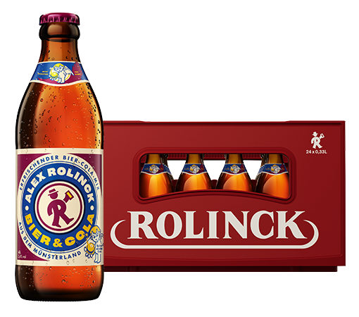 Alex Rolinck Bier & Cola in 0,33l Euroflasche vor rotem 24x0,33l Kasten