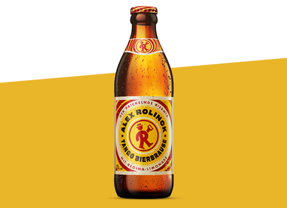 Alex Rolinck Tango Biermix in 0,33l Euroflasche auf schrägem gelben Balken.