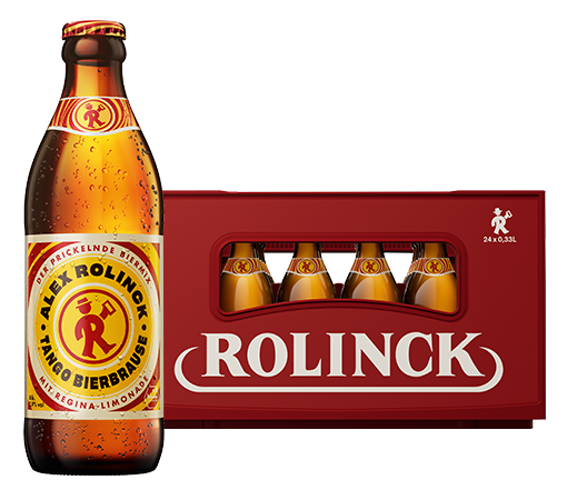 Alex Rolinck Tango Biermix in 0,33l Euroflasche vor rotem 24x0,33l Kasten